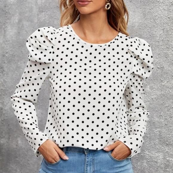 SHEIN Tops - Shein White polka dot gigot long sleeve tie back round neck top Sz S